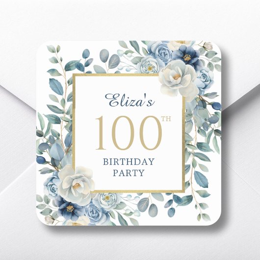 Dusty Blue Floral 100th Birthday Favoriet Vierkante Sticker