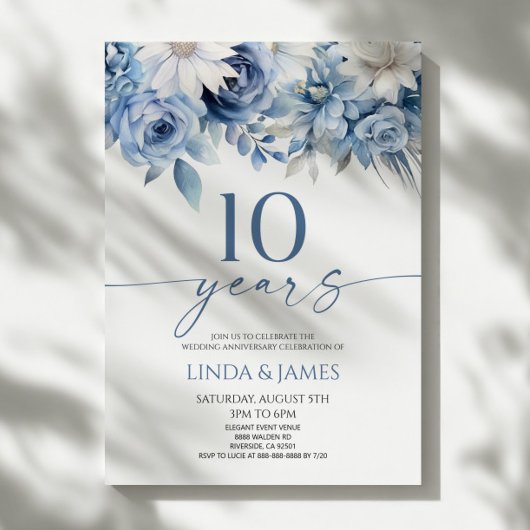 Dusty Blue Floral 10th Wedding Anniversary Kaart