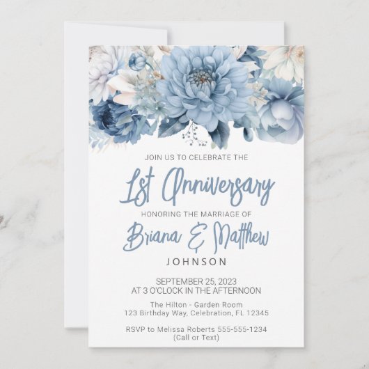 Dusty Blue Floral 1e bruiloft Jubileum Kaart (Voorkant)