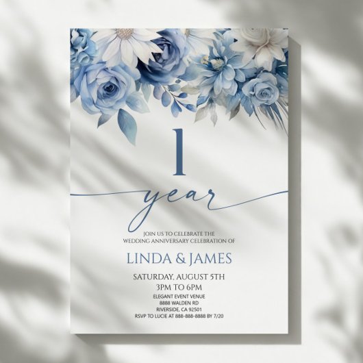 Dusty Blue Floral 1st Wedding Anniversary Kaart