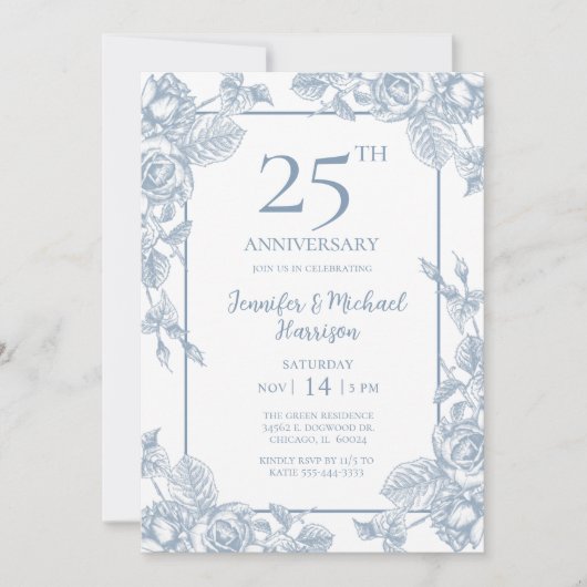 Dusty Blue Floral 25th Jubileum Kaart (Voorkant)