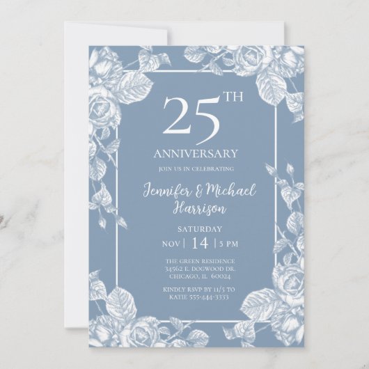 Dusty Blue Floral 25th Jubileum Kaart (Voorkant)