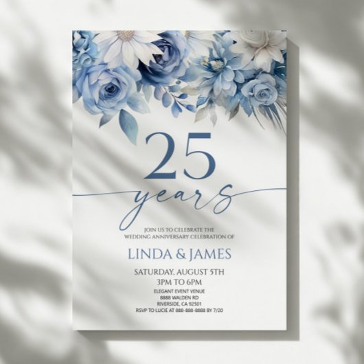 Dusty Blue Floral 25th Wedding Anniversary Kaart