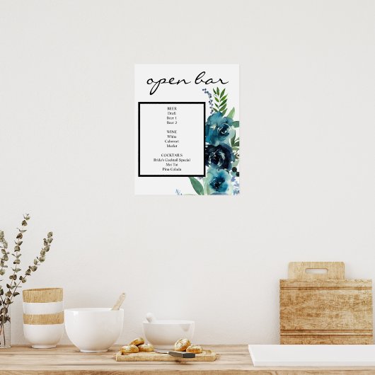 Dusty Blue Floral 2 Bar Sign Poster (Keuken)