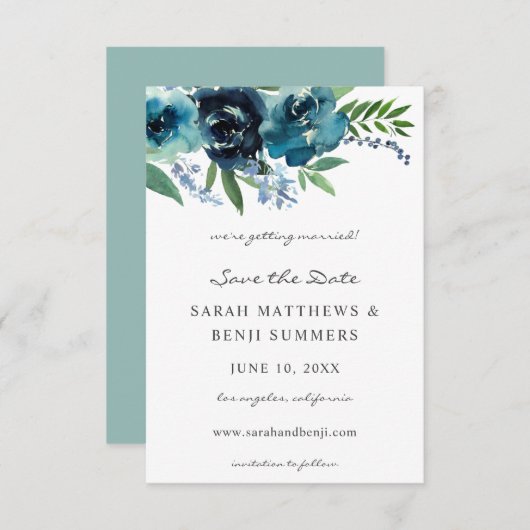 Dusty Blue Floral 2, behalve datum V2 Save The Date (Voorkant / Achterkant)