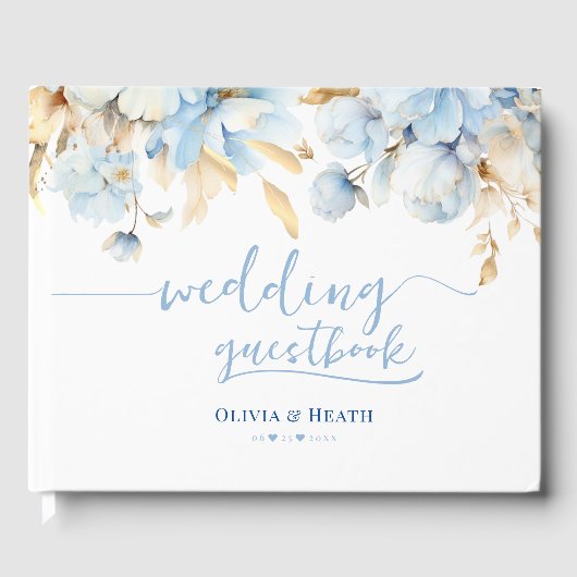 Dusty Blue Floral 2 Gold Wedding Gastenboek (Voorkant)