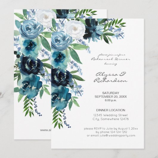 Dusty Blue Floral 2 Rehearsal Dinner Kaart (Voorkant / Achterkant)