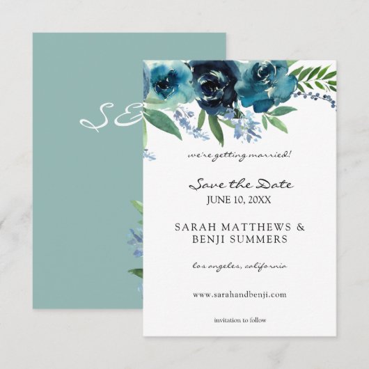 Dusty Blue Floral 2 Save The Date (Voorkant / Achterkant)
