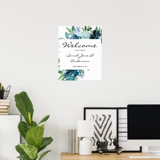 Dusty Blue Floral 2 Welcome Versie 2 Poster (Thuiskantoor)