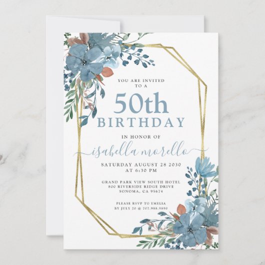 Dusty Blue Floral 50th Birthday Invitation Kaart (Voorkant)