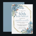 Dusty Blue Floral 50th Birthday Invitation Kaart<br><div class="desc">Een lush waterverf dusty blauw roest florale 50e verjaardag uitnodiging met gouden lijst. Vast stoffig blauw op de achterkant van de uitnodiging. Een stijlvol en  ontwerp van de waterverf.</div>