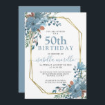 Dusty Blue Floral 50th Birthday Invitation Kaart<br><div class="desc">Een lush waterverf dusty blauw roest florale 50e verjaardag uitnodiging met gouden lijst. Vast stoffig blauw op de achterkant van de uitnodiging. Een stijlvol en  ontwerp van de waterverf.</div>
