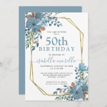 Dusty Blue Floral 50th Birthday Invitation