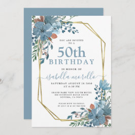 Dusty Blue Floral 50th Birthday Invitation Kaart