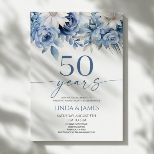 Dusty Blue Floral 50th Wedding Anniversary Kaart