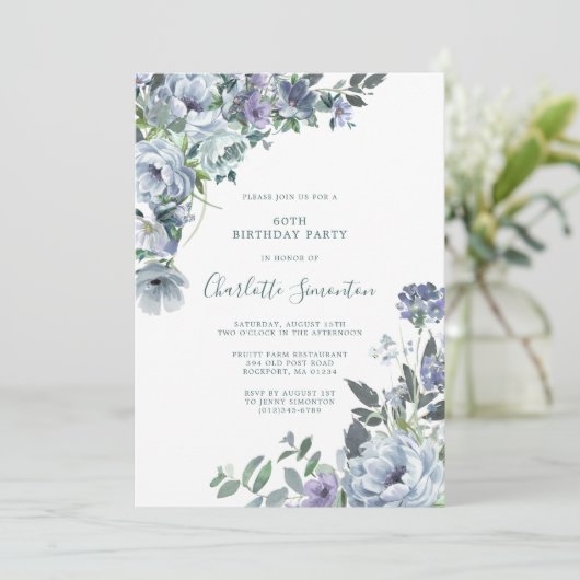 Dusty Blue Floral 60ste verjaardagsfeestje Kaart (Staand voorkant)