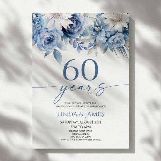 Dusty Blue Floral 60th Wedding Anniversary Kaart