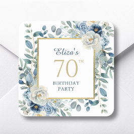 Dusty Blue Floral 70th Birthday Favoriet Vierkante Sticker