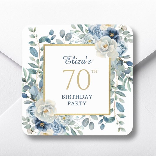 Dusty Blue Floral 70th Birthday Favoriet Vierkante Sticker