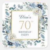 Dusty Blue Floral 70th Birthday Favoriet Vierkante Sticker (Voorkant)
