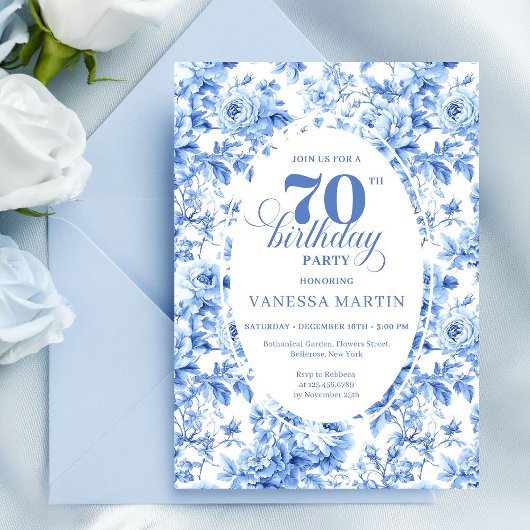 Dusty Blue Floral 70th Birthday Invitation Kaart
