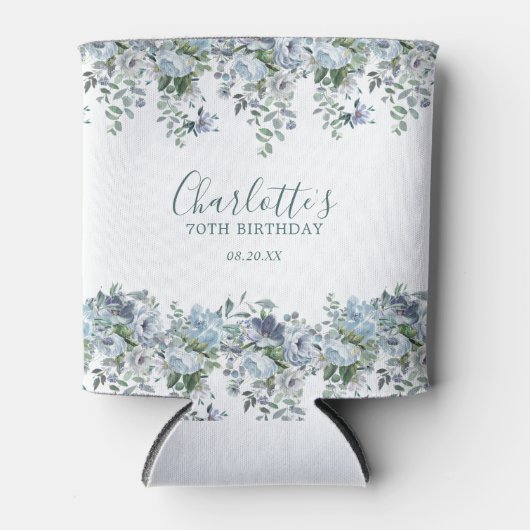 Dusty Blue Floral 70th Verjaardag Custom Blikjeskoeler (Voorkant)