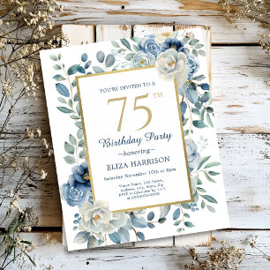 Dusty Blue Floral 75e verjaardag Budget Uitnodigin