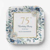Dusty Blue Floral 75th Birthday Papieren Bordje (Voorkant)