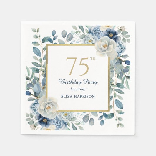 Dusty Blue Floral 75th Birthday Servet (Voorkant)