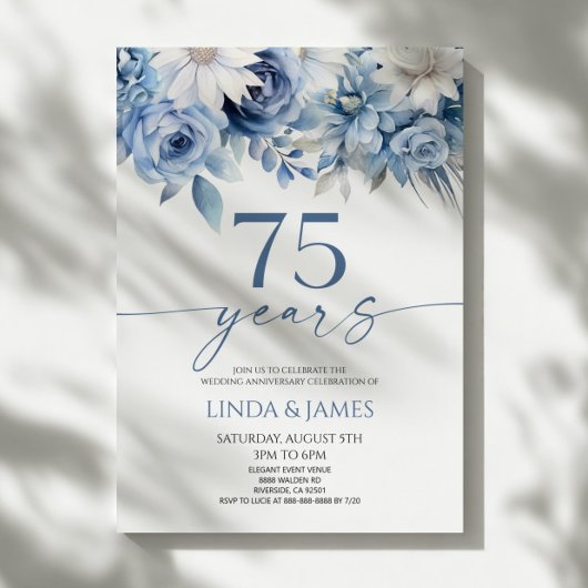 Dusty Blue Floral 75th Wedding Anniversary Kaart