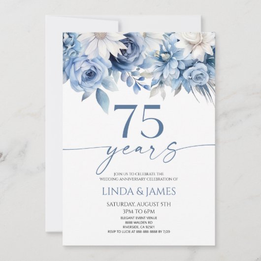 Dusty Blue Floral 75th Wedding Anniversary Kaart (Voorkant)