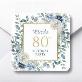 Dusty Blue Floral 80ste verjaardag gunst Vierkante Sticker