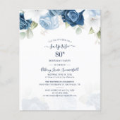 Dusty Blue Floral 80ste verjaardag Party uitnodigi (Voorkant)