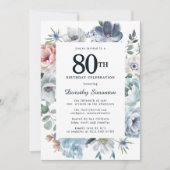 Dusty Blue Floral 80th Birthday Kaart (Voorkant)
