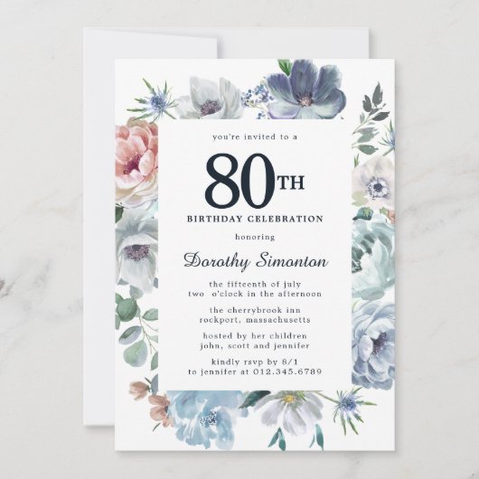 Dusty Blue Floral 80th Birthday Kaart (Voorkant)