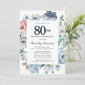 Dusty Blue Floral 80th Birthday Kaart (Staand voorkant)