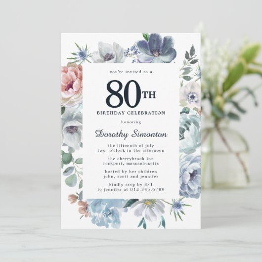 Dusty Blue Floral 80th Birthday Kaart (Staand voorkant)
