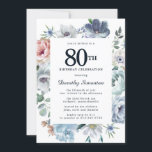 Dusty Blue Floral 80th Birthday Kaart<br><div class="desc">Eer een speciale vrouw met deze elegante en vrouwelijke 80th Birthday party uitnodiging. De 80ste wordt in grote tekst geschreven. De viering van de verjaardag volgt. De geëerde naam van de gast is ook in een manuscript. De verjaardagsfeestdetails zijn omringd door een stoffig blauw lijst met blauwe bloem, dat is...</div>