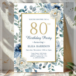 Dusty Blue Floral 80th Birthday Kaart