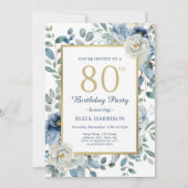 Dusty Blue Floral 80th Birthday Kaart (Voorkant)