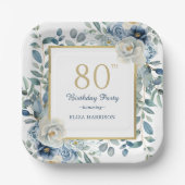Dusty Blue Floral 80th Birthday Papieren Bordje (Voorkant)