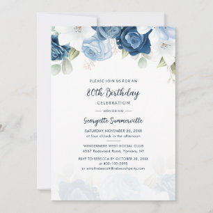 Dusty Blue Floral 80th Birthday Party Kaart