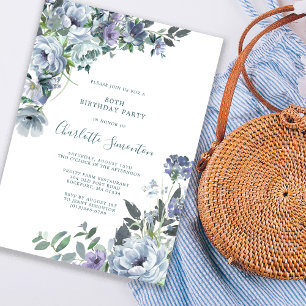 Dusty Blue Floral 80th Birthday Party Kaart