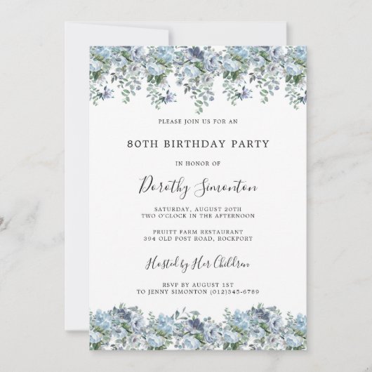 Dusty Blue Floral 80th Birthday Party Kaart