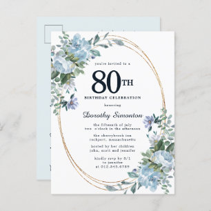 Dusty Blue Floral 80th Birthday  uitnodiging