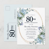 Dusty Blue Floral 80th Birthday  uitnodiging (Voorkant / Achterkant)