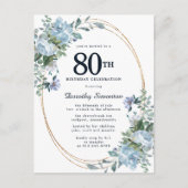 Dusty Blue Floral 80th Birthday  uitnodiging (Voorkant)