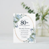 Dusty Blue Floral 80th Birthday  uitnodiging (Staand voorkant)