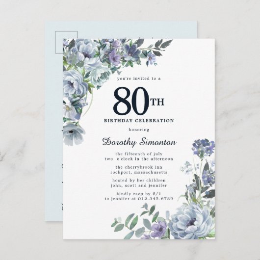 Dusty Blue Floral 80th Birthday  Uitnodiging Briefkaart (Voorkant / Achterkant)