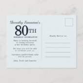 Dusty Blue Floral 80th Birthday  Uitnodiging Briefkaart (Achterkant)